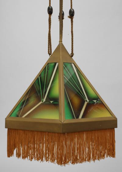 Pair of Art Deco Belgium Brass 6 Sided Hanging Lanterns