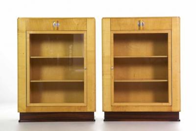 Pair of Art Deco Birch Rosewood and Steel Bookcase Cabinets c 1930