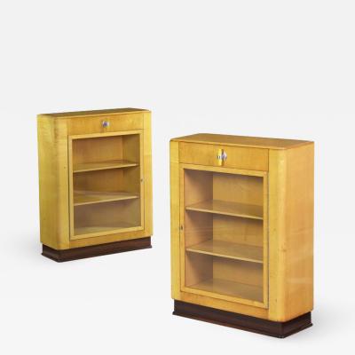 Pair of Art Deco Birch Rosewood and Steel Bookcase Cabinets c 1930