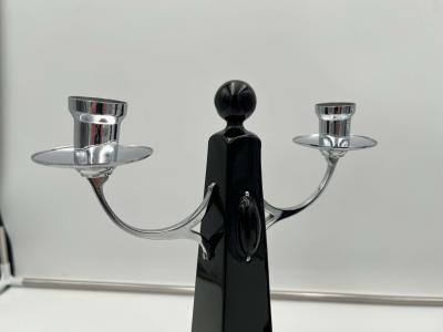 Pair of Art Deco Candlesticks Black lacquer Oak Nickel Netherlands c 1930