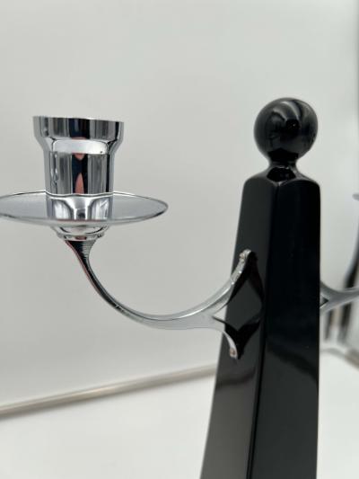 Pair of Art Deco Candlesticks Black lacquer Oak Nickel Netherlands c 1930