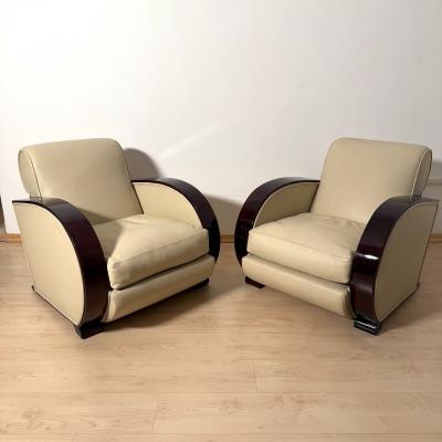 Pair of Art Deco Club Chairs Cream Leather Lacquered Wood France circa 1930