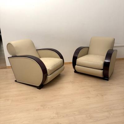 Pair of Art Deco Club Chairs Cream Leather Lacquered Wood France circa 1930