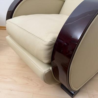 Pair of Art Deco Club Chairs Cream Leather Lacquered Wood France circa 1930