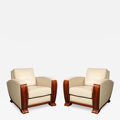 Pair of Art Deco Club Chairs in Palisander Edelman Cream Leather