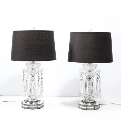 Pair of Art Deco Czech U S zone Cut Crystal and Silver Plated Table Lamps