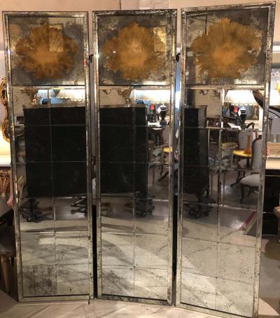 Pair of Art Deco Fashioned Three Panel Mirrored Room Dividers or Folding Screens