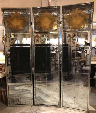 Pair of Art Deco Fashioned Three Panel Mirrored Room Dividers or Folding Screens