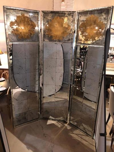 Pair of Art Deco Fashioned Three Panel Mirrored Room Dividers or Folding Screens
