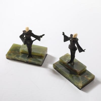 Pair of Art Deco Flapper Bookends Bronze Bakelite on Rectilinear Onyx Base