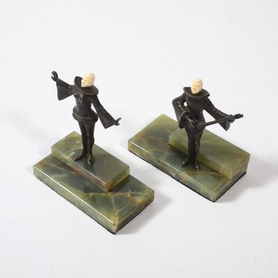 Pair of Art Deco Flapper Bookends Bronze Bakelite on Rectilinear Onyx Base