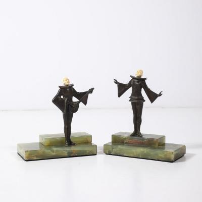 Pair of Art Deco Flapper Bookends Bronze Bakelite on Rectilinear Onyx Base