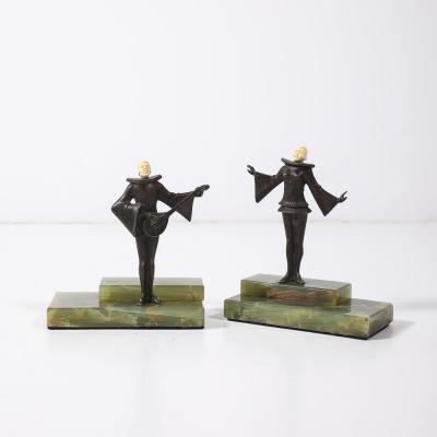 Pair of Art Deco Flapper Bookends Bronze Bakelite on Rectilinear Onyx Base