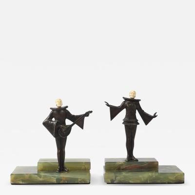 Pair of Art Deco Flapper Bookends Bronze Bakelite on Rectilinear Onyx Base