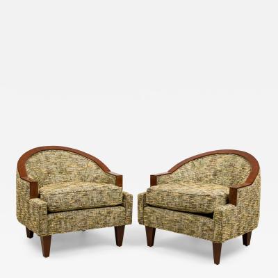 Pair of Art Deco French Beige Upholstered Wooden Tub Chairs with Step Back Arms