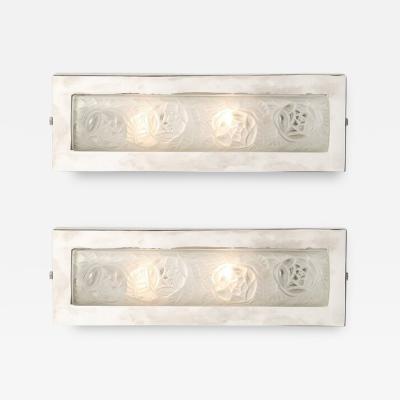 Pair of Art Deco Frosted Glass Chrome Rectangular Vanity Lights w Rose Motifs