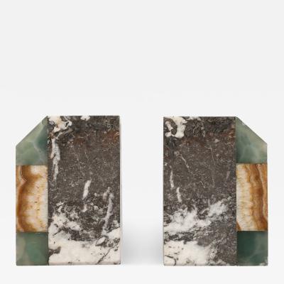 Pair of Art Deco Geometric Exotic Marble Onyx Bookends