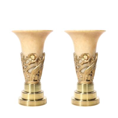 Pair of Art Deco Gilt Bronze Alabaster Table Lamps on Polished Brass Bases
