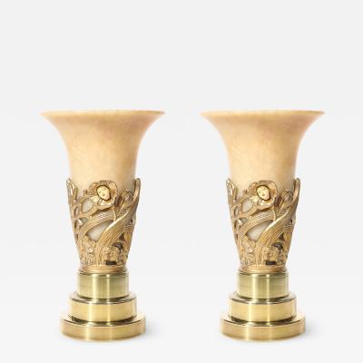 Pair of Art Deco Gilt Bronze Alabaster Table Lamps on Polished Brass Bases