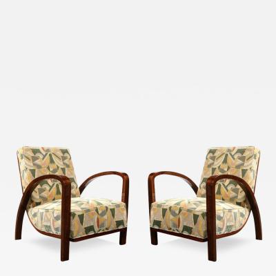 Pair of Art Deco Halabala Arm Chairs in Walnut Rare Clarence House Fabric