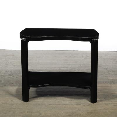 Pair of Art Deco Machine Age Black Lacquer Side Tables with Inset Vitrolite Tops