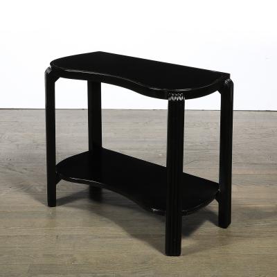 Pair of Art Deco Machine Age Black Lacquer Side Tables with Inset Vitrolite Tops