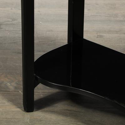Pair of Art Deco Machine Age Black Lacquer Side Tables with Inset Vitrolite Tops
