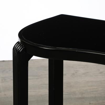 Pair of Art Deco Machine Age Black Lacquer Side Tables with Inset Vitrolite Tops