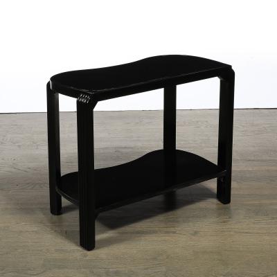 Pair of Art Deco Machine Age Black Lacquer Side Tables with Inset Vitrolite Tops