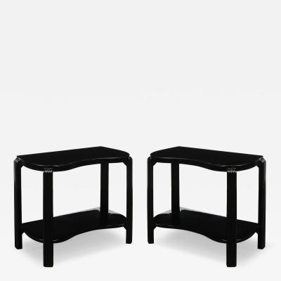 Pair of Art Deco Machine Age Black Lacquer Side Tables with Inset Vitrolite Tops