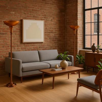 Pair of Art Deco Machine Age Copper Torchiere Floor Lamps circa 1935