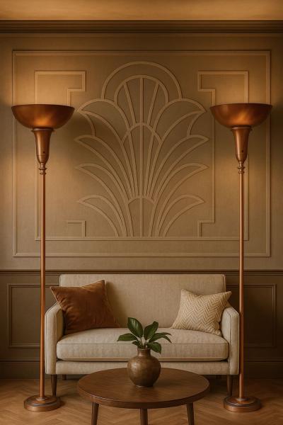 Pair of Art Deco Machine Age Copper Torchiere Floor Lamps circa 1935