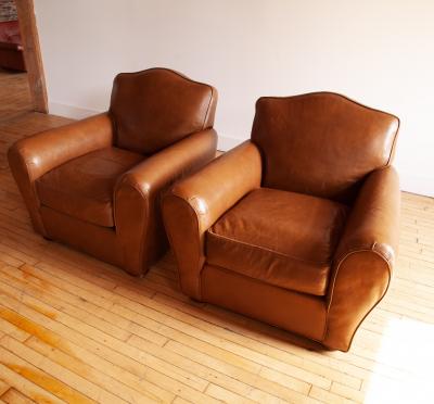 Pair of Art Deco Moustache Leather Club Chairs