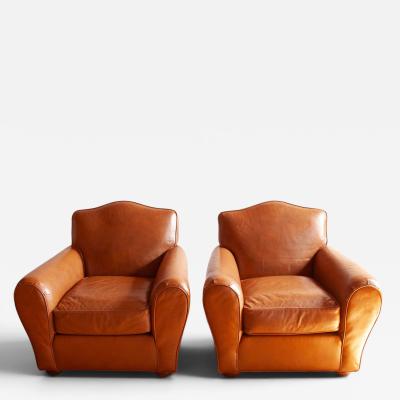 Pair of Art Deco Moustache Leather Club Chairs