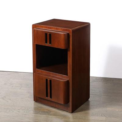 Pair of Art Deco Nightstands in Book Matched Walnut with Black Lacquer Accents