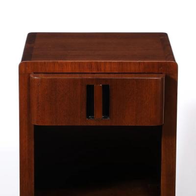 Pair of Art Deco Nightstands in Book Matched Walnut with Black Lacquer Accents