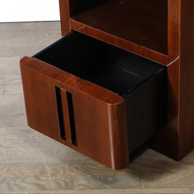 Pair of Art Deco Nightstands in Book Matched Walnut with Black Lacquer Accents