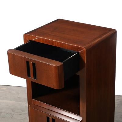 Pair of Art Deco Nightstands in Book Matched Walnut with Black Lacquer Accents