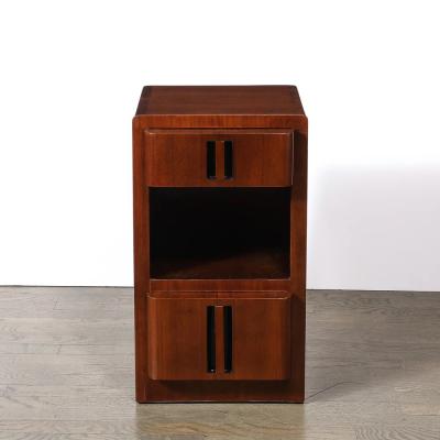 Pair of Art Deco Nightstands in Book Matched Walnut with Black Lacquer Accents