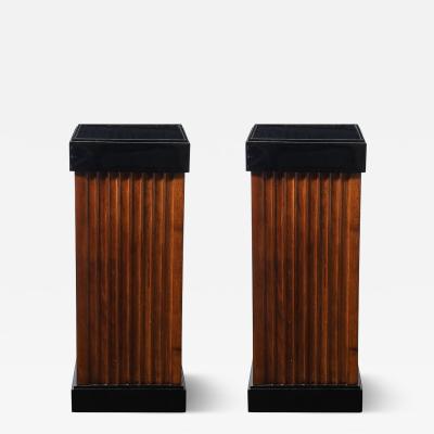 Pair of Art Deco Pedestals in Fluted Walnut Black Lacquer Bases w Glass Tops