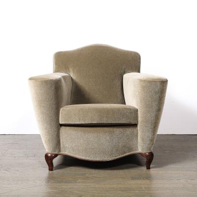 Pair of Art Deco Sinuous Club Chairs In Taupe Mohair Walnut Supports