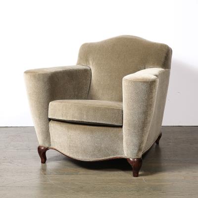 Pair of Art Deco Sinuous Club Chairs In Taupe Mohair Walnut Supports