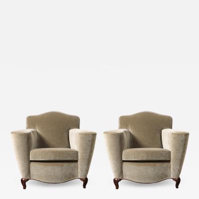 Pair of Art Deco Sinuous Club Chairs In Taupe Mohair Walnut Supports