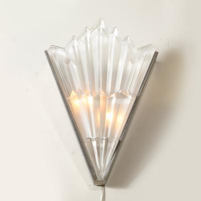 Pair of Art Deco Skyscraper Style Frosted Glass Sconces W Brushed Nickel Frames