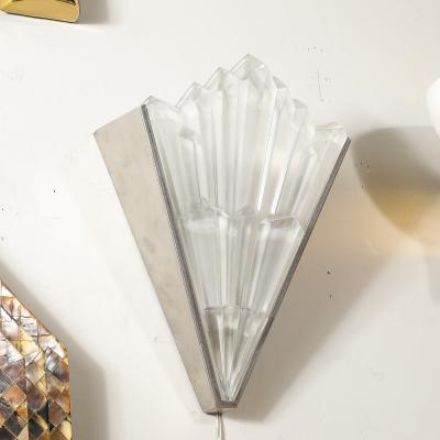 Pair of Art Deco Skyscraper Style Frosted Glass Sconces W Brushed Nickel Frames