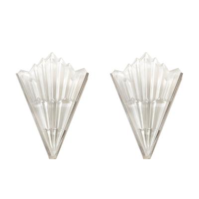 Pair of Art Deco Skyscraper Style Frosted Glass Sconces W Brushed Nickel Frames