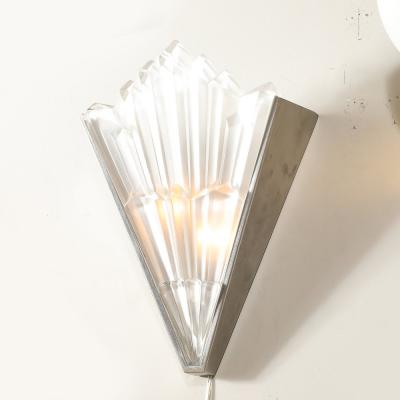 Pair of Art Deco Skyscraper Style Frosted Glass Sconces W Brushed Nickel Frames