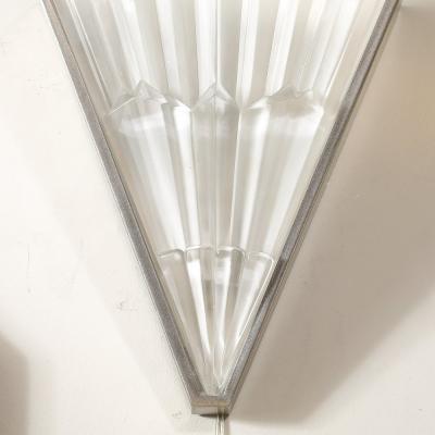 Pair of Art Deco Skyscraper Style Frosted Glass Sconces W Brushed Nickel Frames