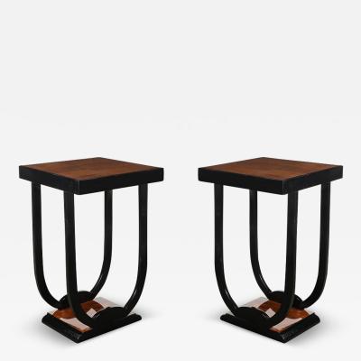 Pair of Art Deco Streamlined Bookmatched Walnut and Black Lacquer Side Tables