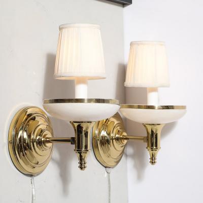 Pair of Art Deco Style Alabaster and Polished Brass Sconces
